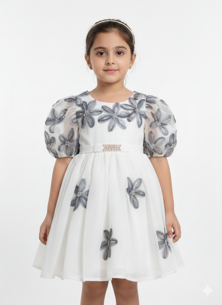Elegant White Organza Girls' Occasion Dress with 3D Blue Tulle Flowers and Sparkly Waistband