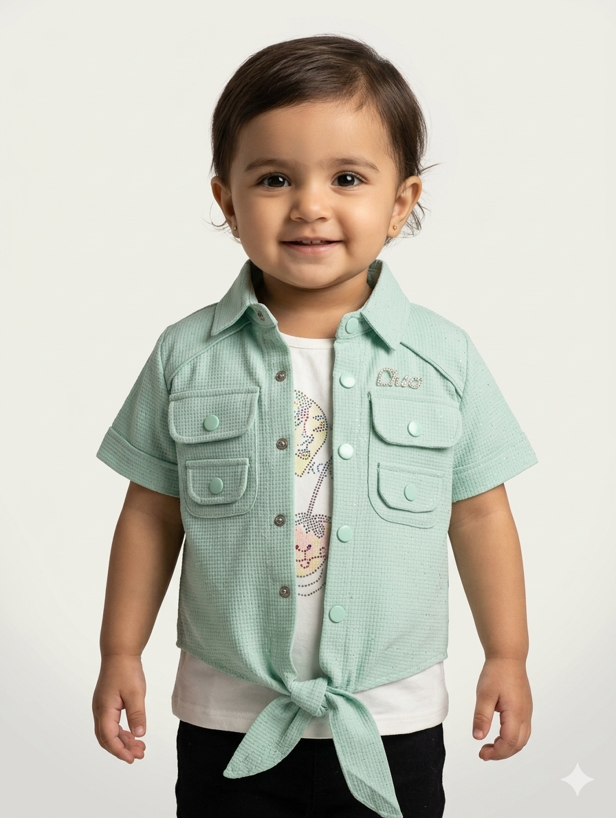 Girls Chic Front-Tie Short Sleeve Button-Down Shirt and Graphic Inner Tee Two-Piece Outfit Set