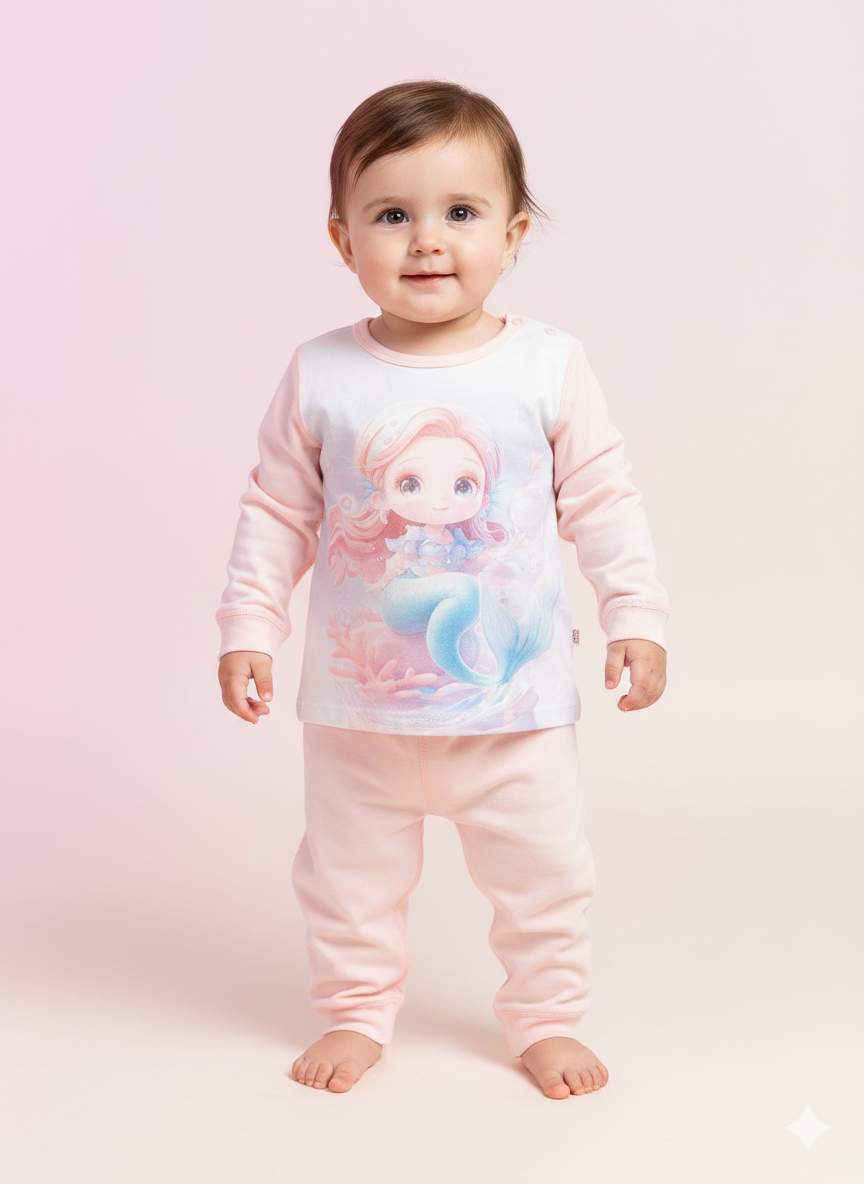 Charming Mermaid Princess Long Sleeve Baby Pajama Set With Soft Cotton Comfortable Matching Jogger Pants