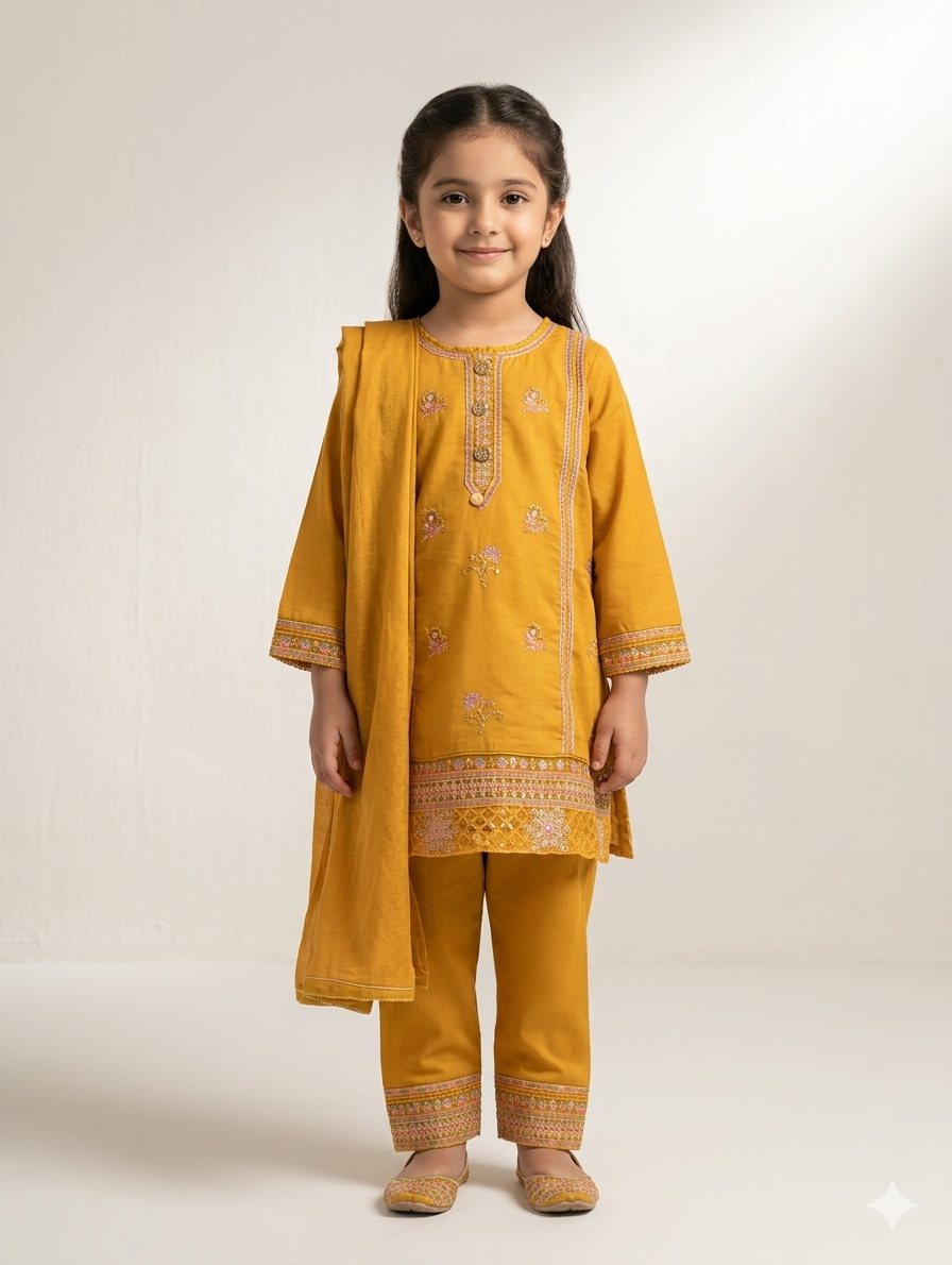 Girls Embroidered 3-Piece Festive Suit – Traditional Kurta, Trouser, and Dupatta Set