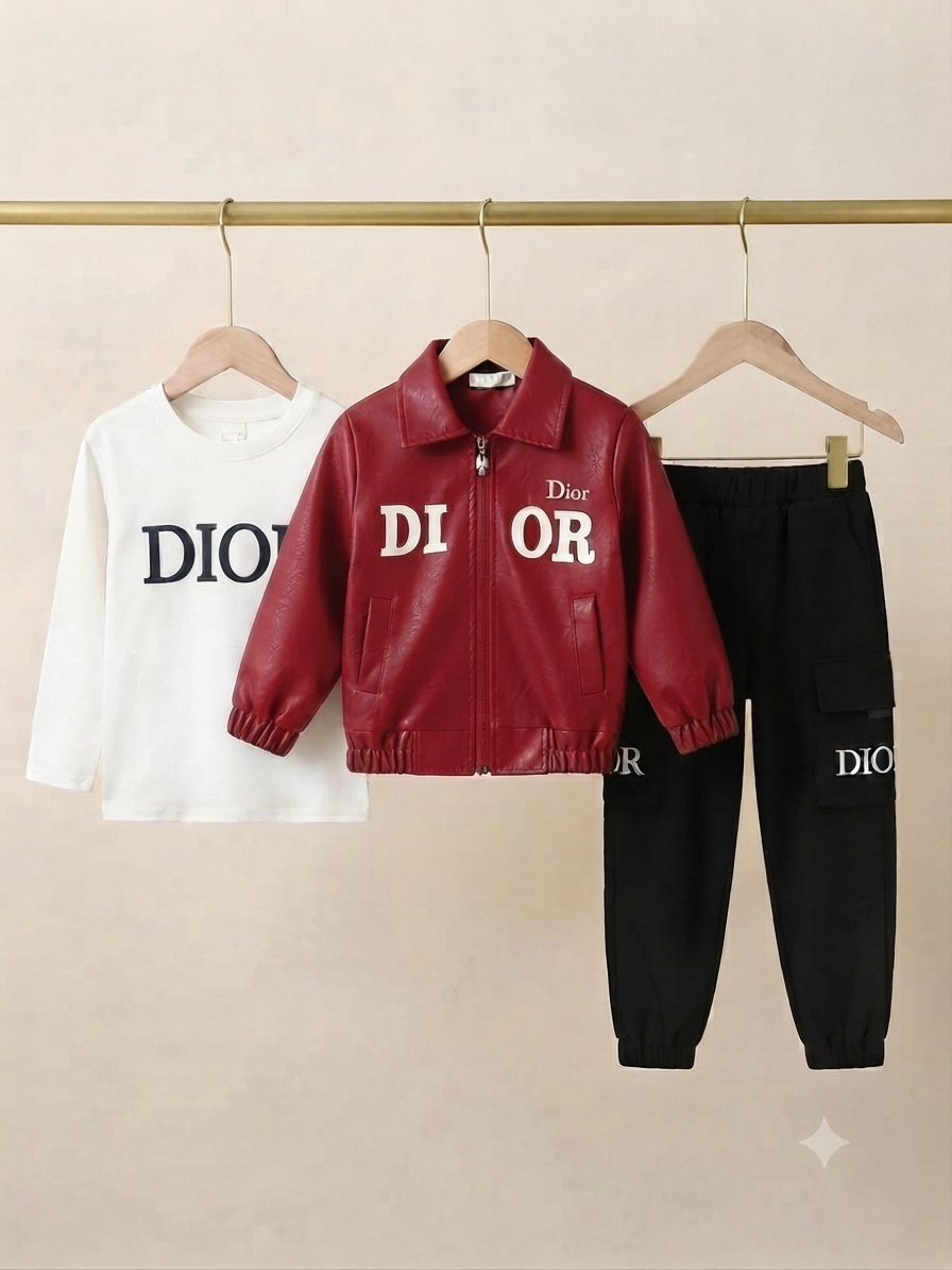Kids Stylish 3-Piece Leather Jacket T-Shirt And Cargo Trouser Outfit Set
