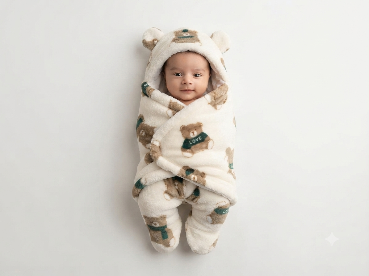 Soft Fleece Baby Swaddle Wrap and Hooded Sleeping Bag with Bear Print