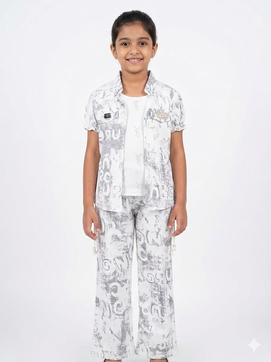 Chic Beige Girls Denim Co-ord Set – 3-Piece Printed Shirt, Inner & Wide-Leg Trouser