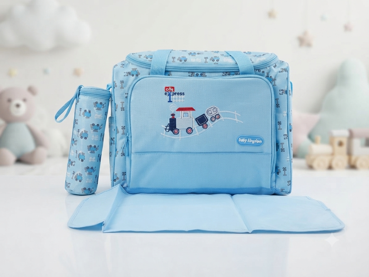 Blue Train Themed Baby Diaper Bag Set With Bottle Holder And Portable Changing Mat