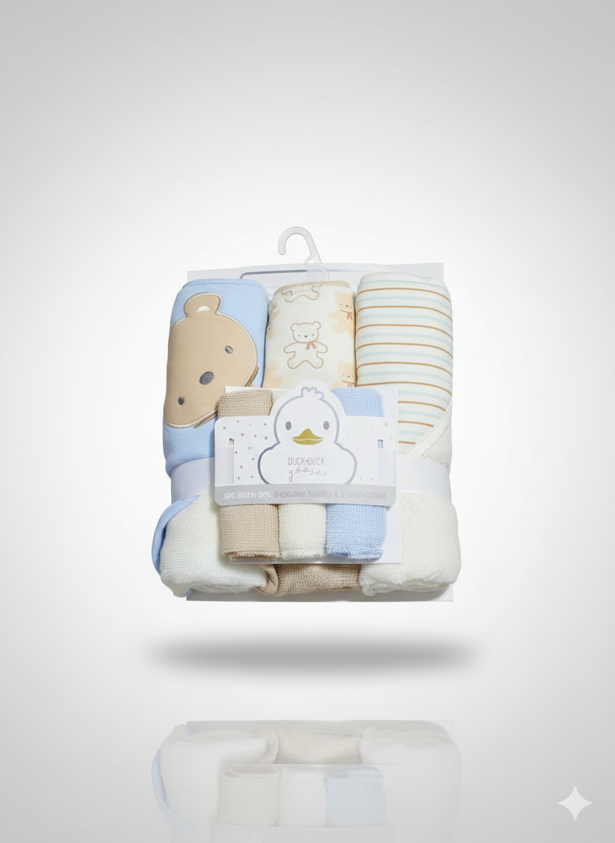 Duck Duck Goose Baby Boy 6-Piece Bath Set | 3 Hooded Towels 3 Washcloths | Teddy Bear