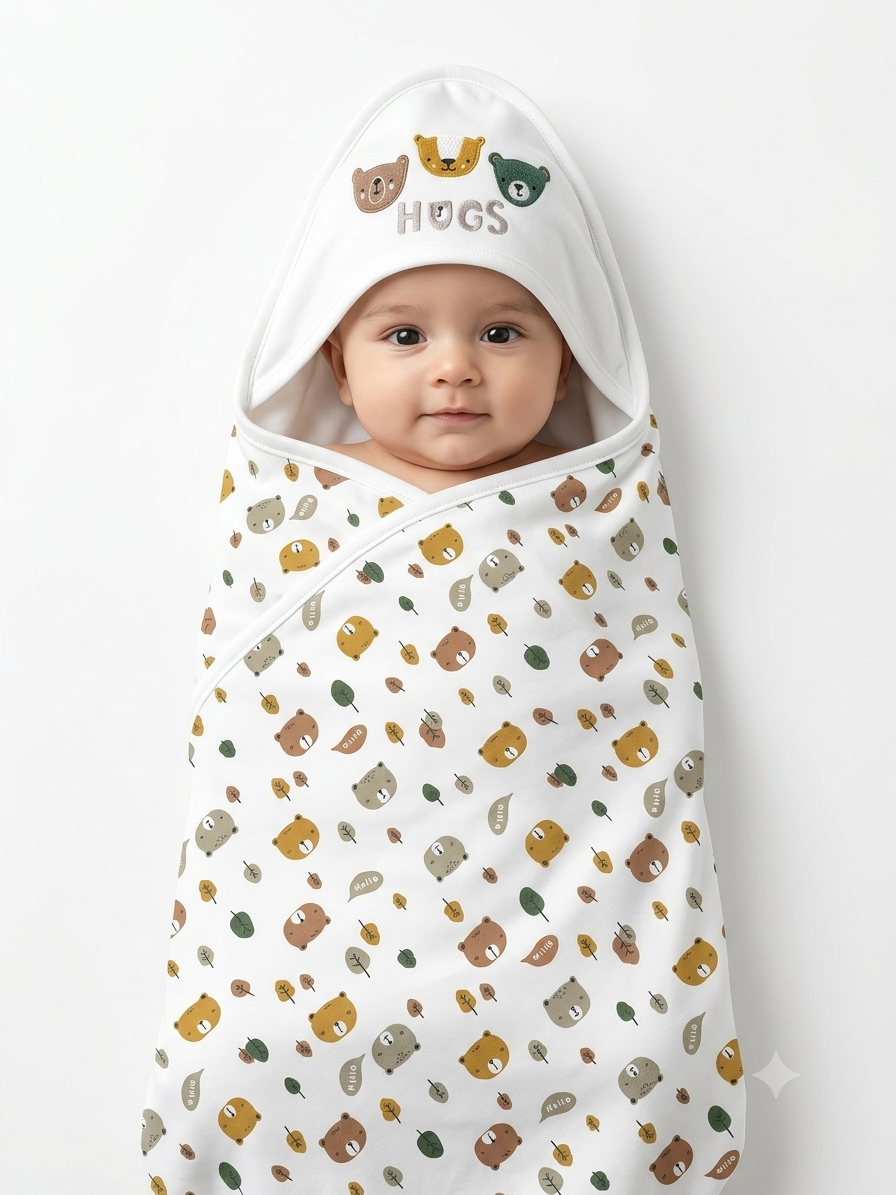Cute Hooded Baby Swaddle Blanket Soft Cotton Wrap With Printed Hugs Bear Design