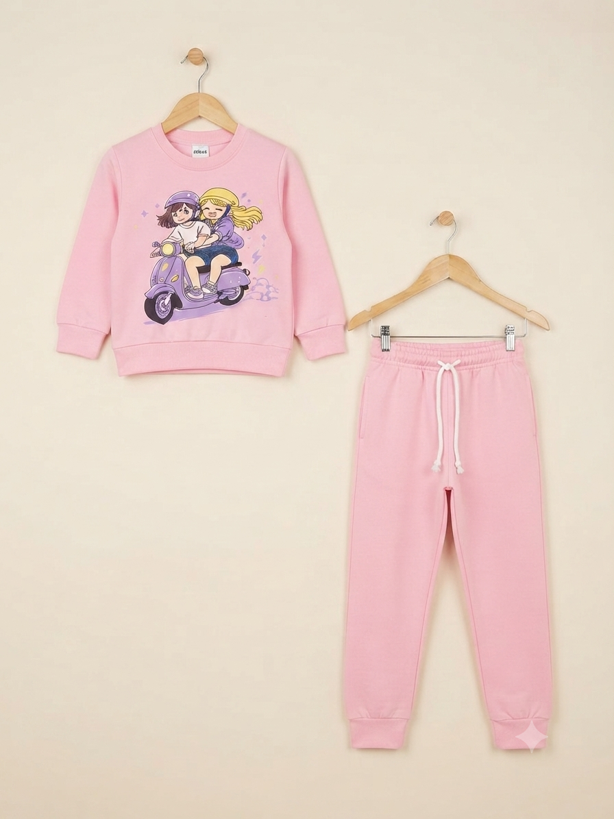 Stylish Girls Pink Scooter Ride Graphic Sweatshirt With Matching Full Length Track Pants