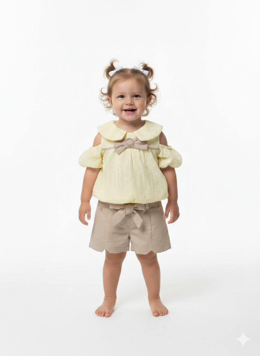 Toddler Girls' Eyelet Lace Cold-Shoulder Blouse and Scalloped Shorts Two-Piece Summer Set