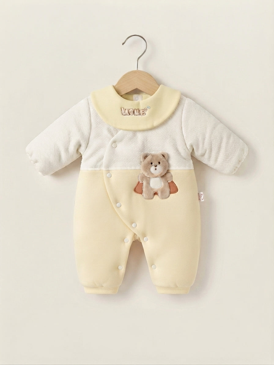 Cute Baby Winter Romper Fleece Thick Warm Infant Sleepsuit With Adorable Bear Applique Design