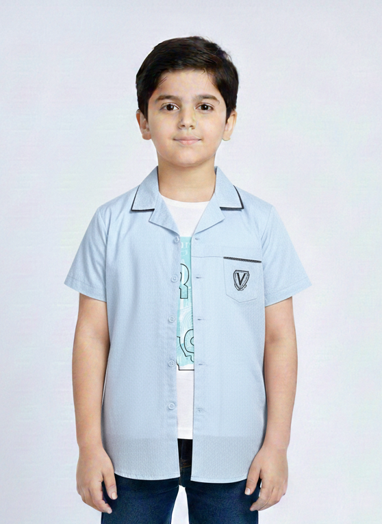 Sophisticated Boys' Light Blue and White Resort Shirt with Contrast Black Piping and Graphic Inner Tee
