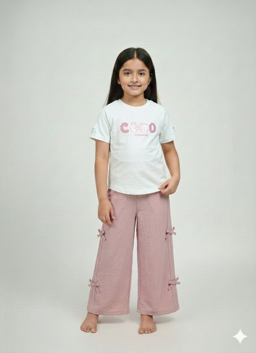 Girls' Two-Piece COCO Fashion Ribbed Knit Tee and Wide-Leg Bow-Accent Pant Set