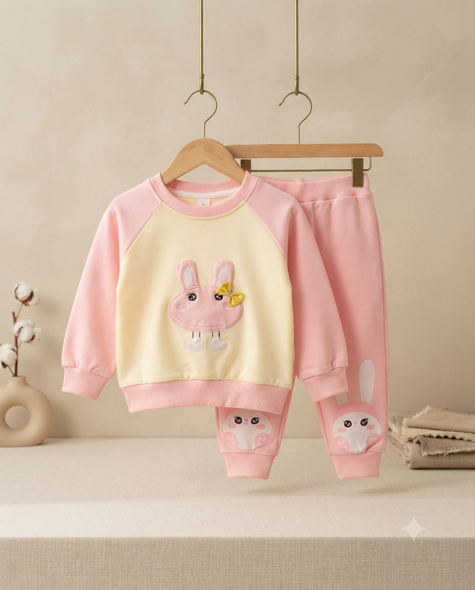 Cute Rabbit Print Sweatshirt And Matching Comfortable Jogger Pants Set For Kids