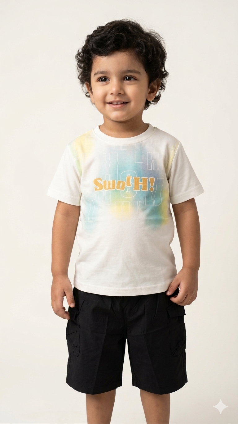 Boys Premium Cotton Star Patch White TShirt Printed Black Cargo Shorts Summer Set