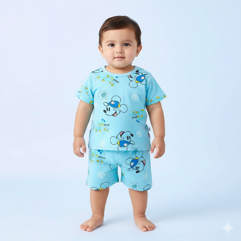 Cool Mickey Mouse Print Toddler Boys Blue Cotton Summer T-Shirt and Shorts Pajama Set ✨