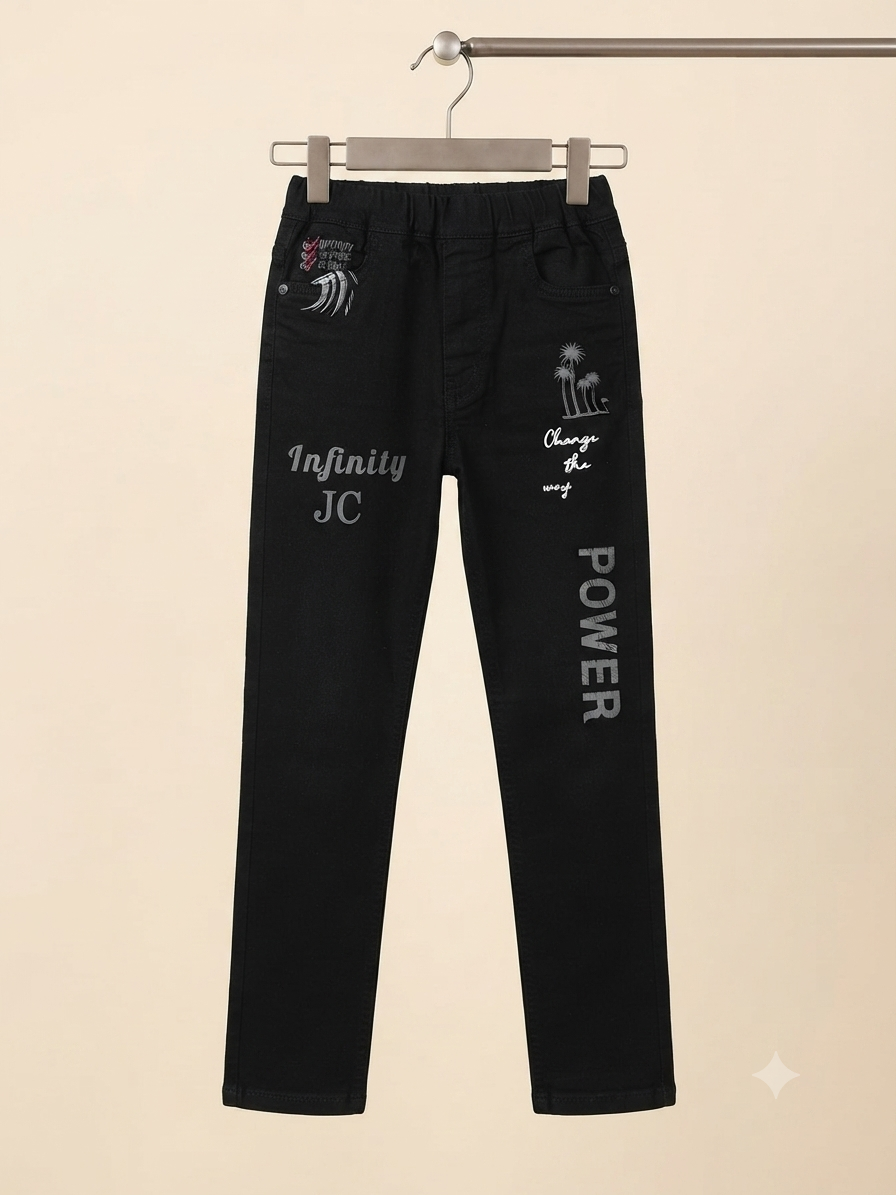 Stylish Kids Black Graphic Printed Denim Trousers With Comfortable Elasticated Waistband