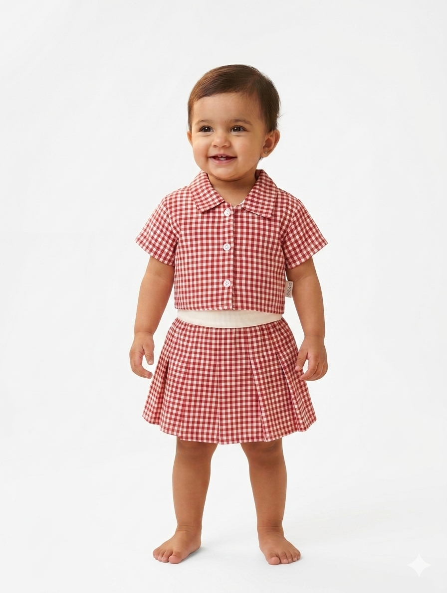 Toddler Girls Gingham Crop Shirt and Pleated Skirt Two-Piece Matching Summer Set