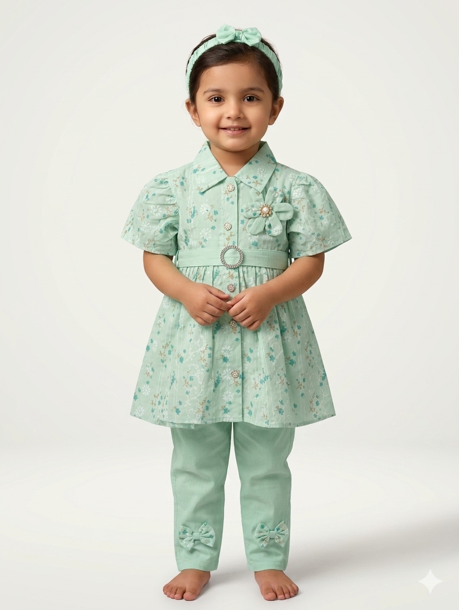 Little Girls' Floral Print Tunic and Trouser Set with Matching Bow Headband - 3 Pieces