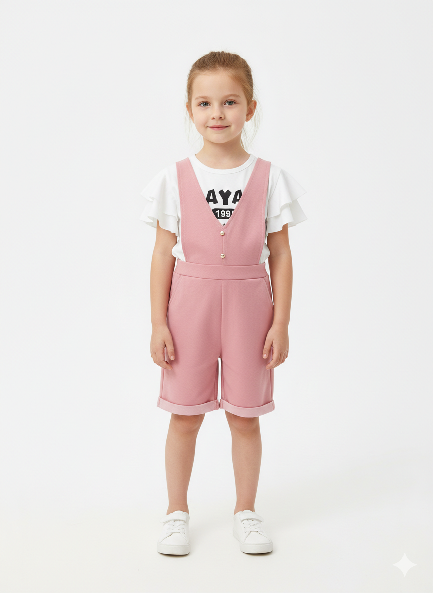 Girls' Stylish V-Neck Jumpsuit Overalls with Ruffle Sleeve Tee – Three Vibrant Color Options