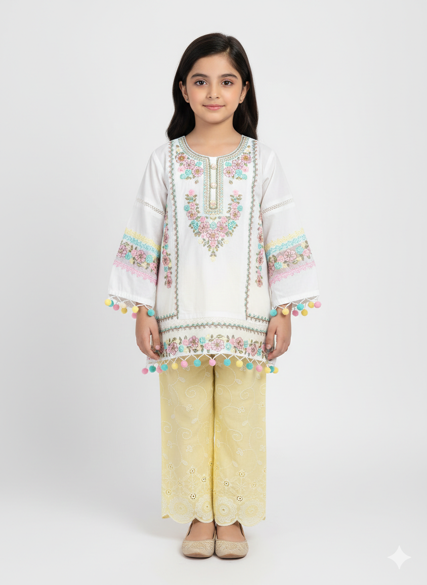 Girls' Pastel Embroidered Cotton Kurta Set with Pom-Pom Trim and Stylish Scalloped Trousers