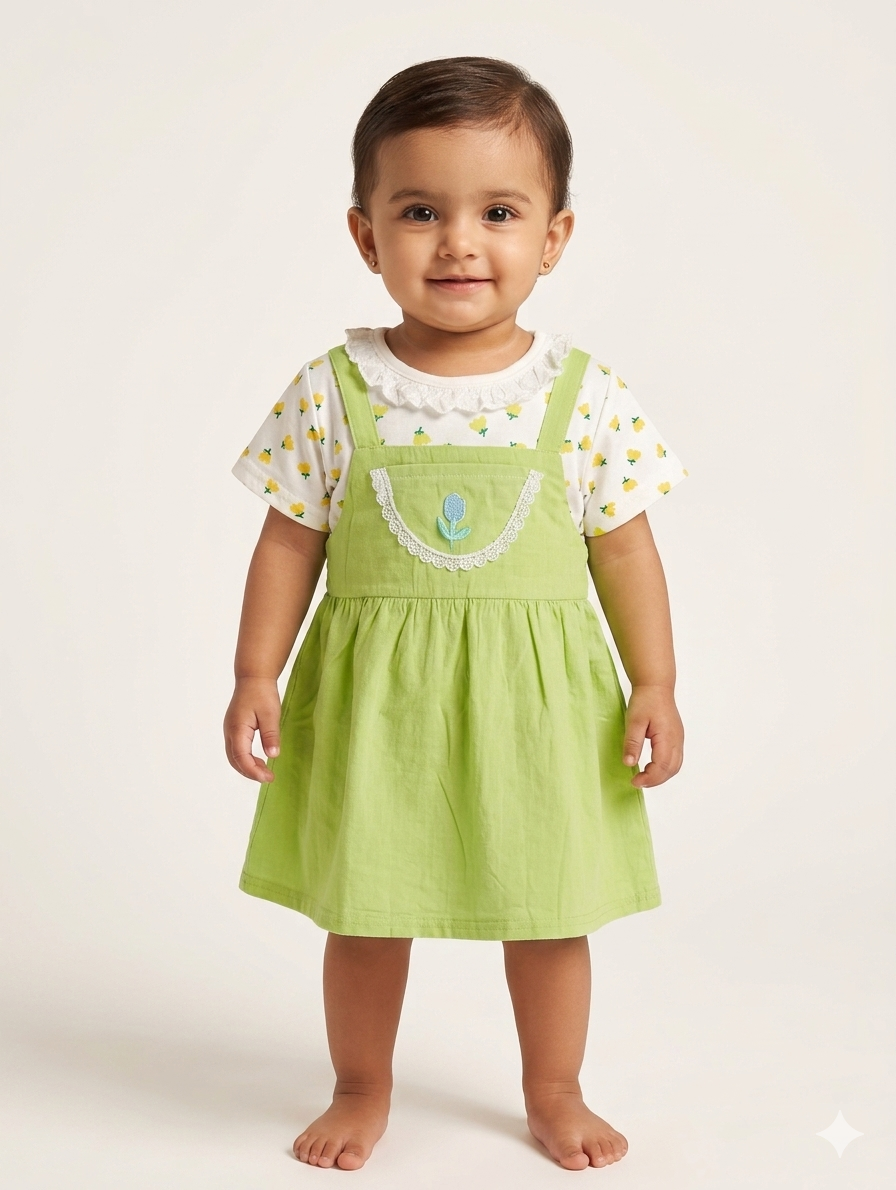 Toddler Girls Floral Print Peter Pan Collar T-Shirt and Corduroy Pinafore Dress Two-Piece Set