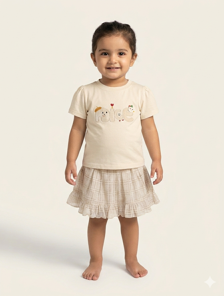 Toddler Girls' Cute Graphic T-Shirt and Plaid Ruffle Skirt Two-Piece Summer Outfit Set