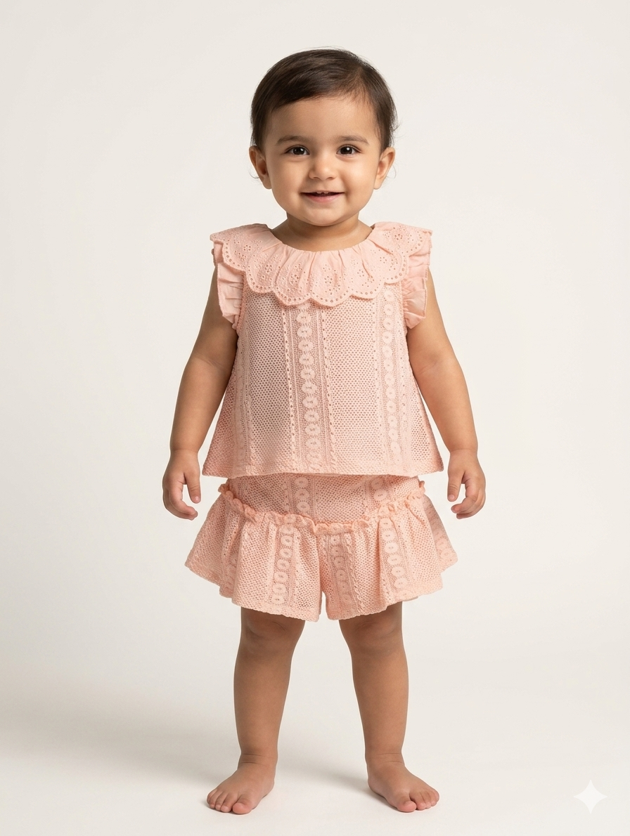 Baby Girl Eyelet Lace Scalloped Collar Top and Ruffled Skirt Two-Piece Summer Outfit Set