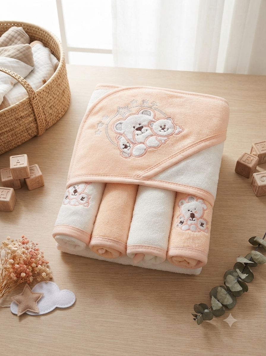 Premium Cotton Baby Hooded Bath Towel And Washcloth Set For Soft Newborn Skincare Routine