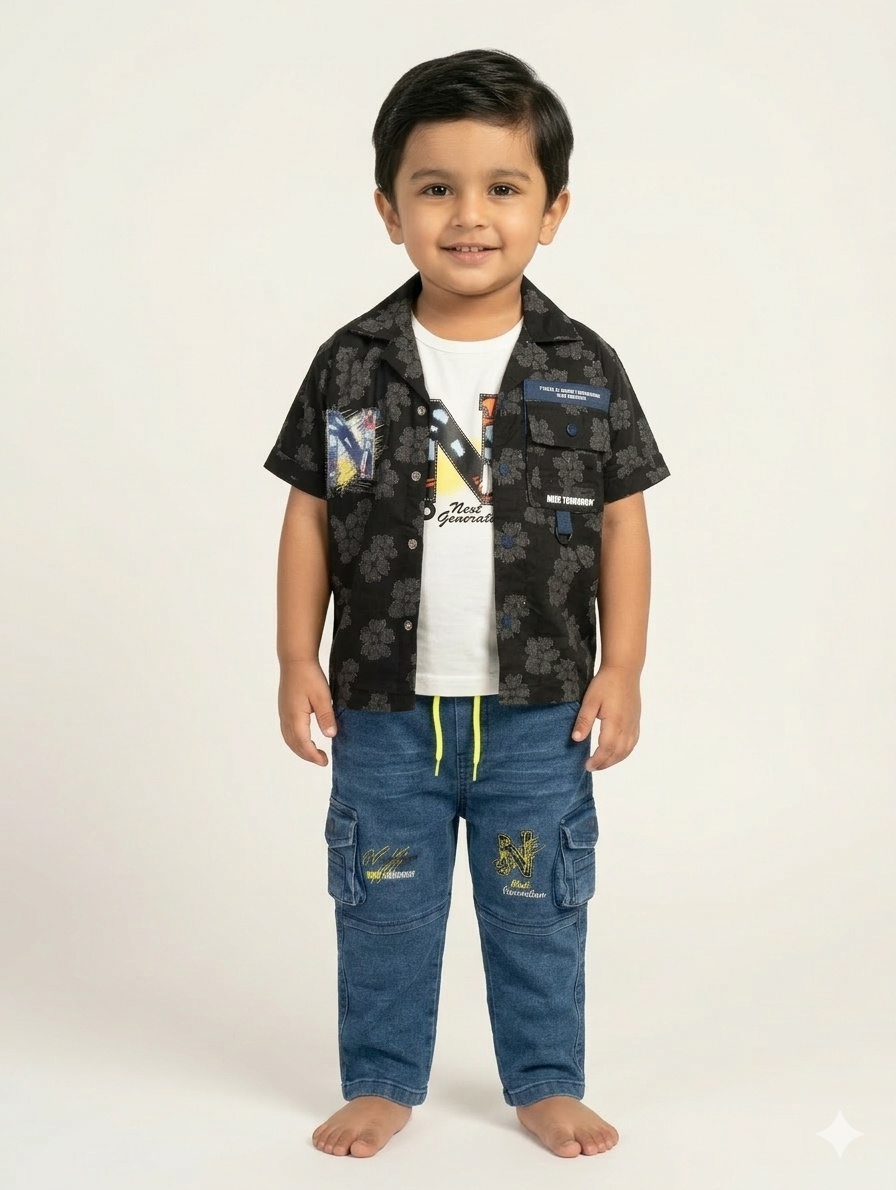 Toddler Boys Adventure Three-Piece Set with Printed Button-Down Shirt and Denim Cargo Joggers