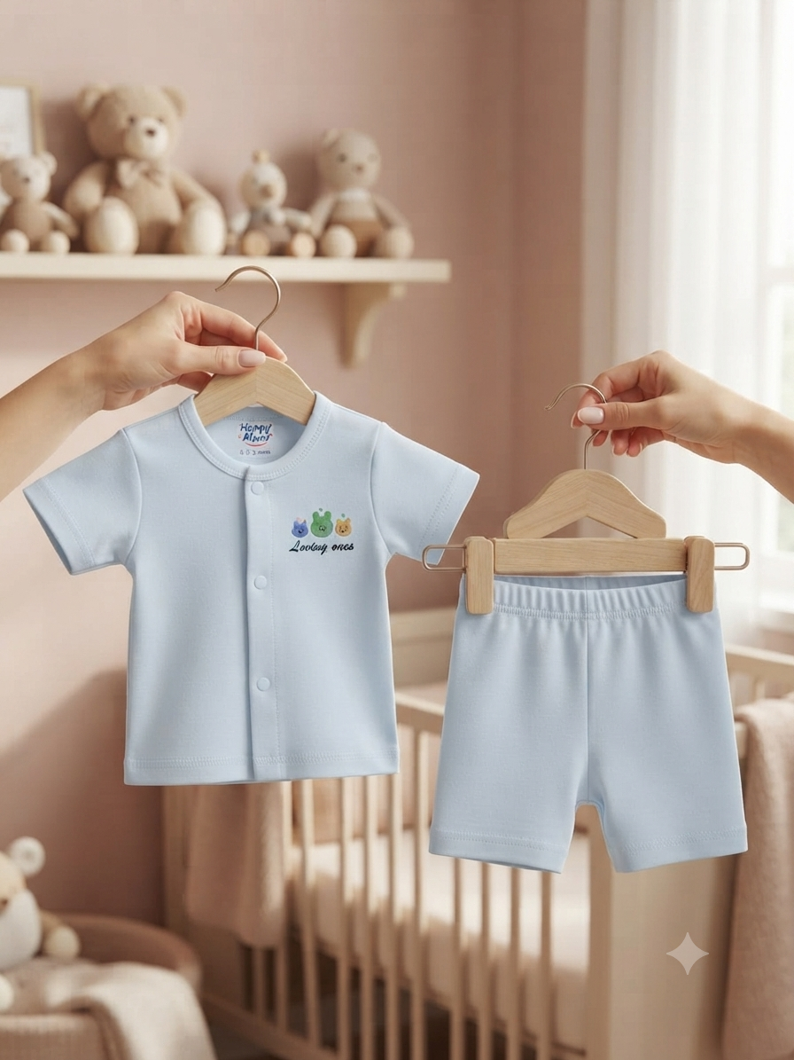 Soft Pastel Blue Cotton Summer Set For Baby With Cute Character Pocket Detail