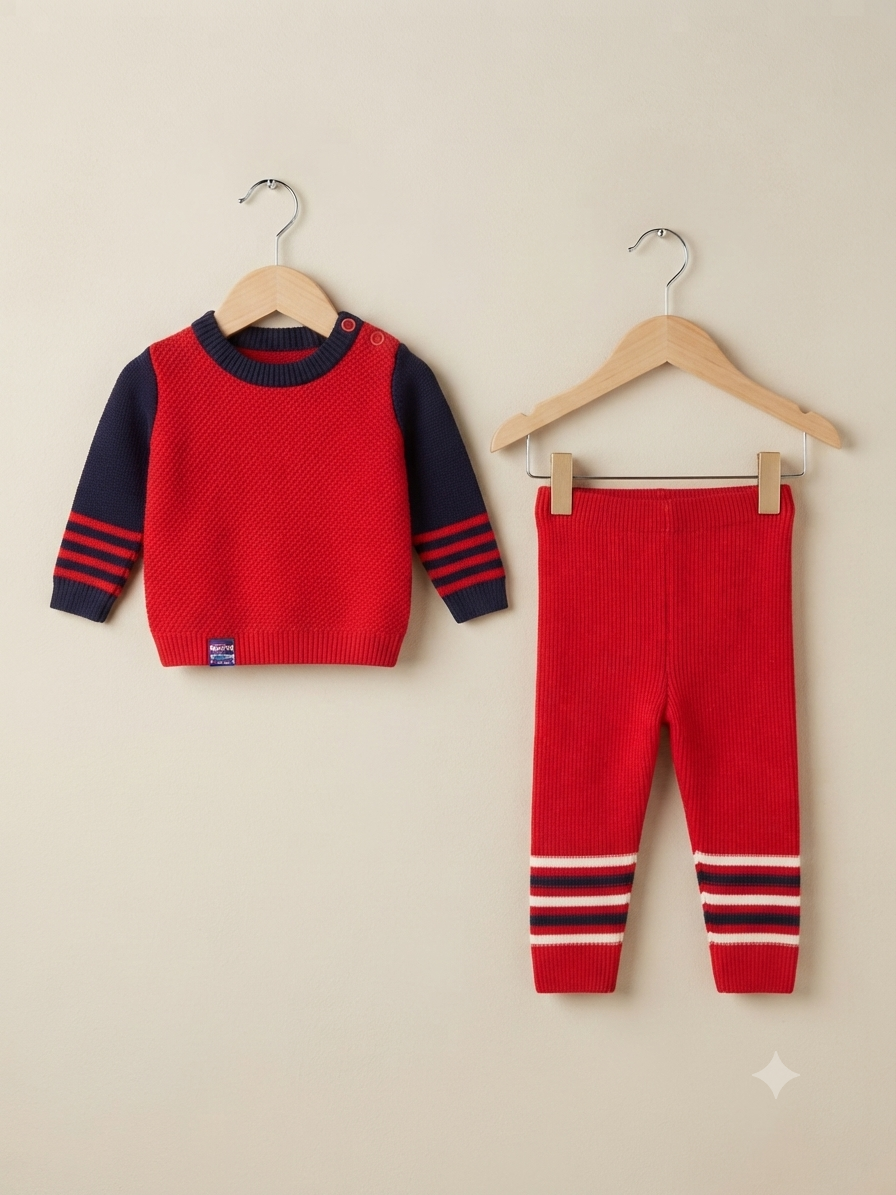Baby Knitted Sweater And Trouser Set With Striped Pattern For Toddlers
