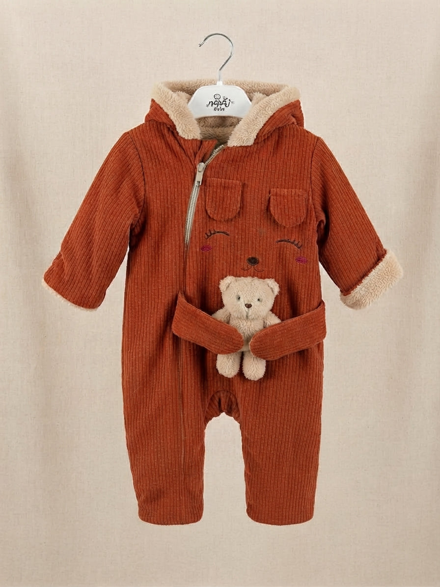 Stylish Baby Winter Hooded Romper With Cute Hugging Teddy Bear Outfit