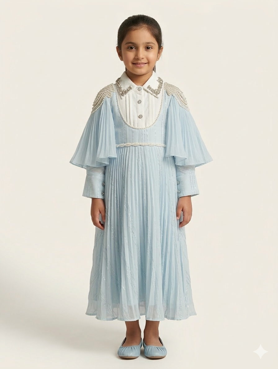 Girls' Luxury Pleated Chiffon Maxi Dress with Embellished Collar and Elegant Pearl Shoulder Detailing