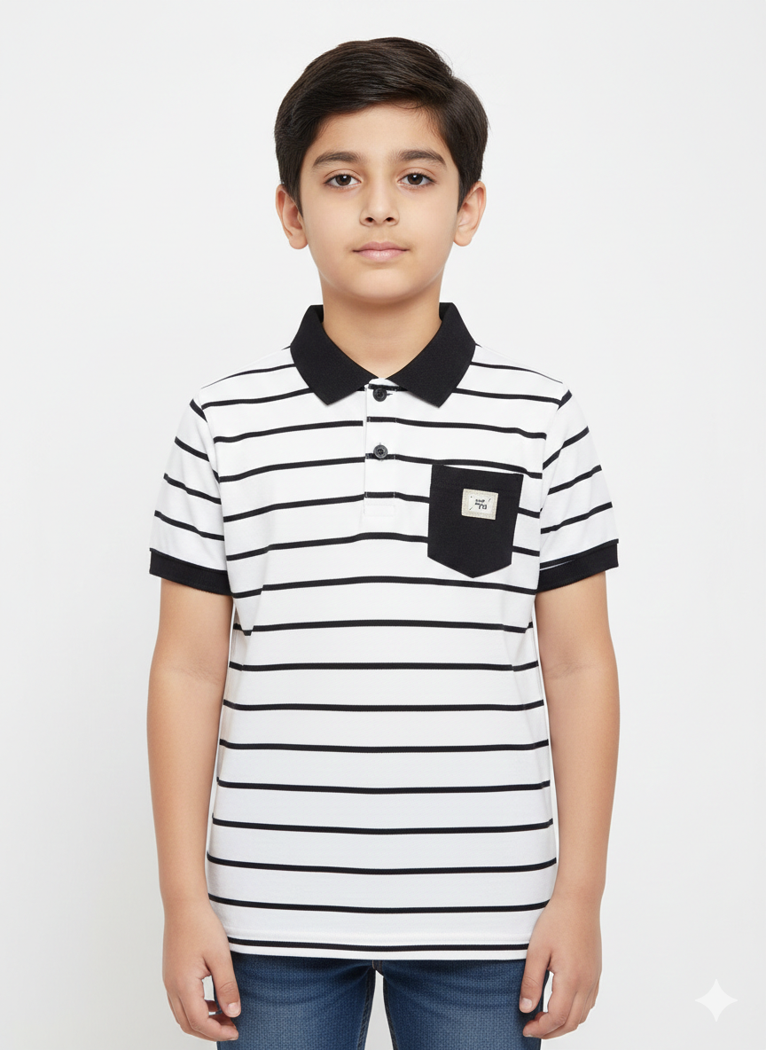 Classic Minimalist Style Featuring A Young Boy In A Two Tone Tan And White Striped Polo