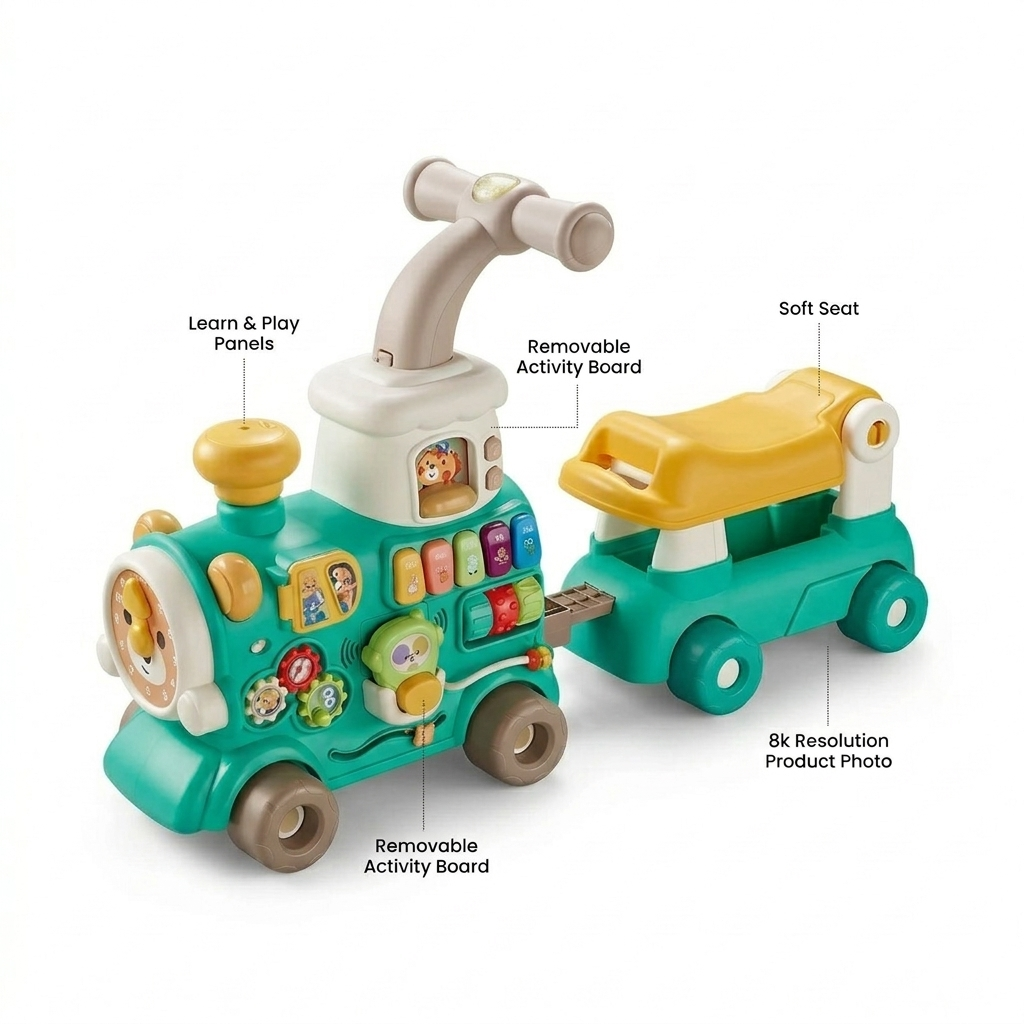 Interactive 5-in-1 Baby Walker Learning Train and Ride-On Toy with Removable Activity Panels