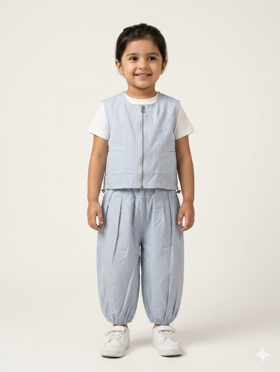 Kids Two-Piece Pastel Cotton Co-Ord Set with Zip-Up Vest and Pleated Joggers
