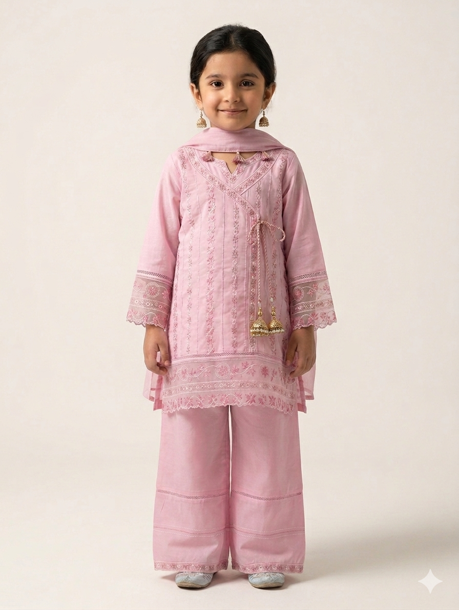 Girls Elegant Angrakha Style 3-Piece Embroidered Suit with Tassels and Scalloped Lace Finishes