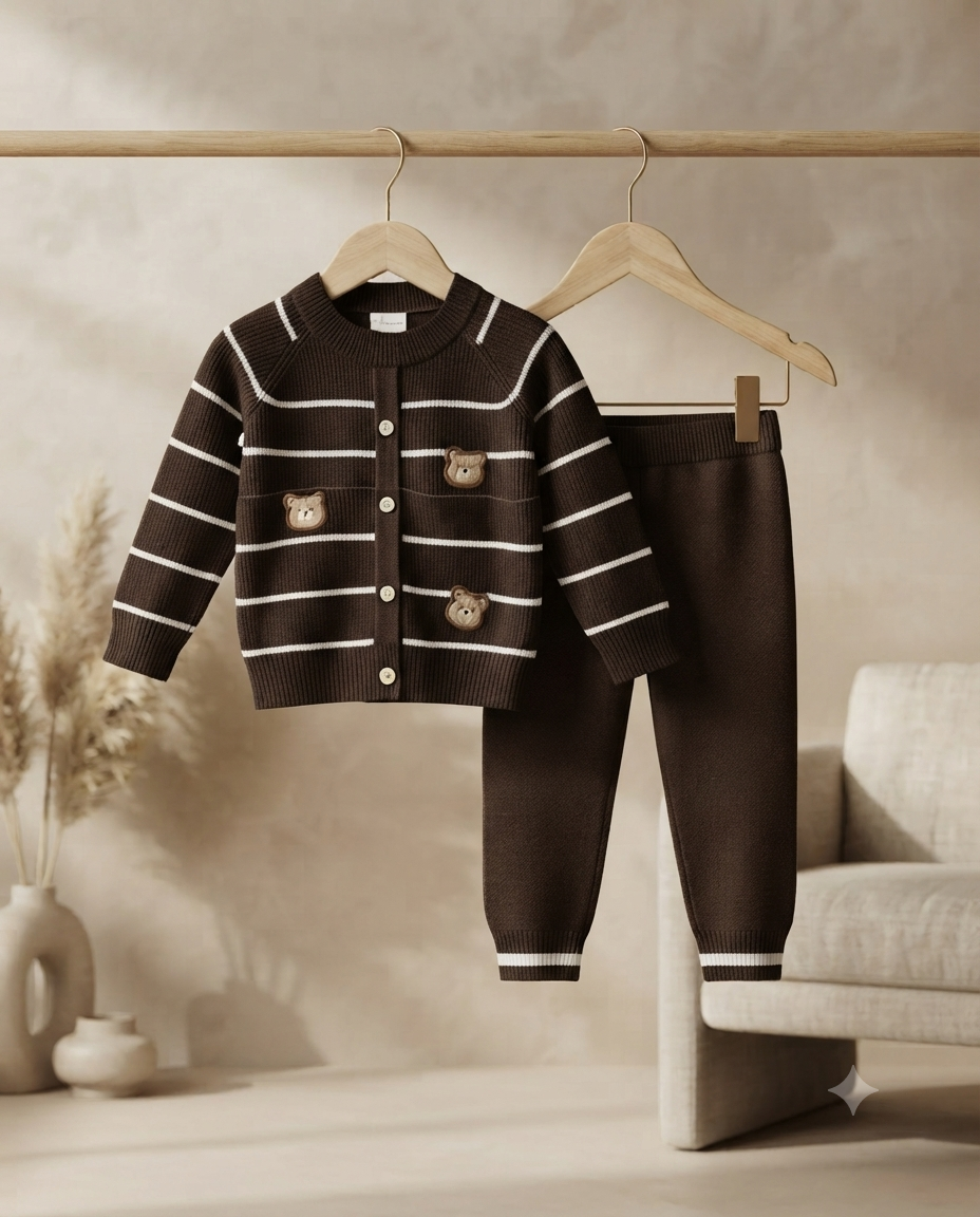 Cozy Striped Knitted Cardigan And Pants Set With Cute Bear Patch Design For Babies