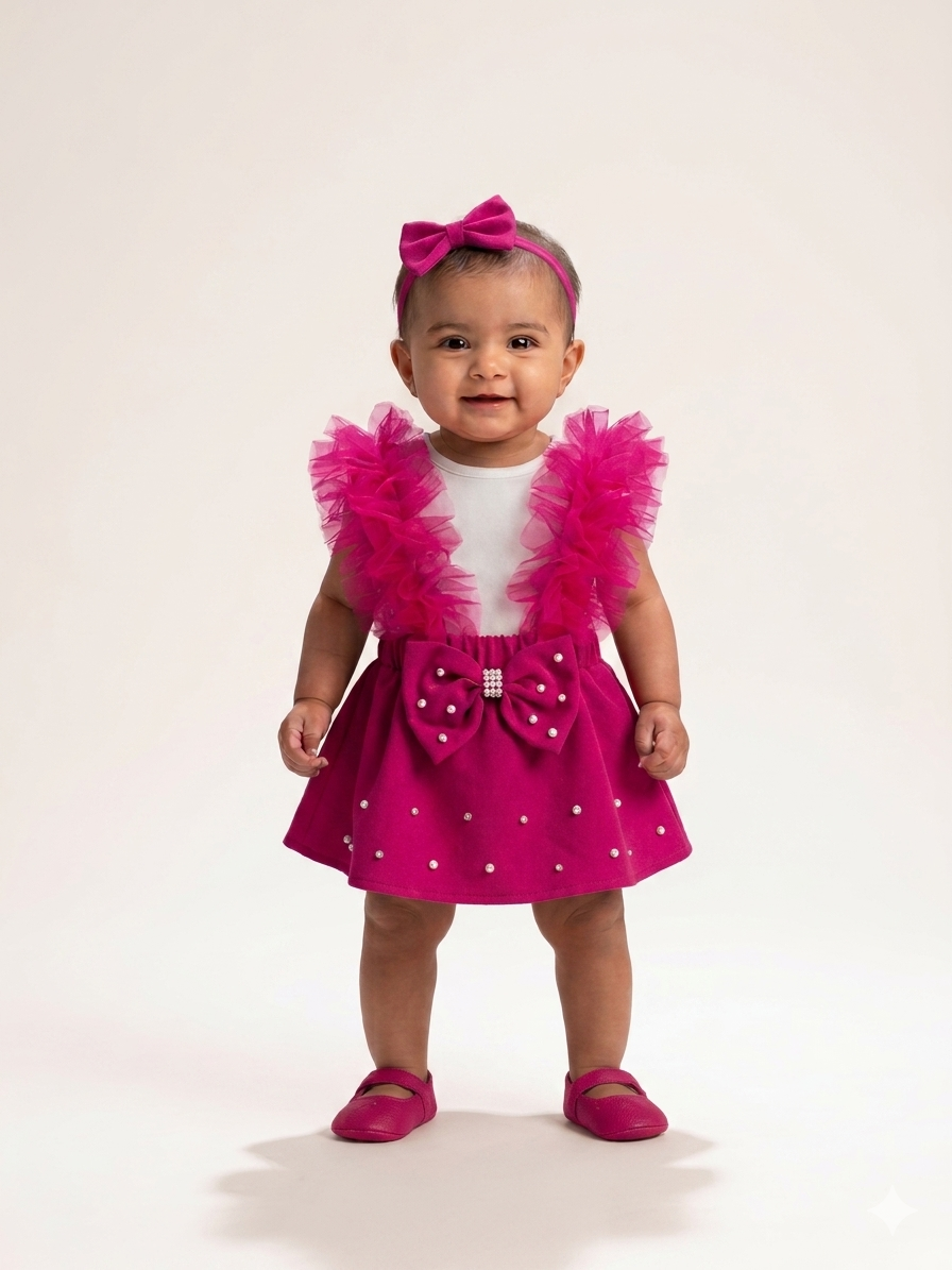Charming Red Ruffled Party Outfit: Elegant Bow and Tulle for Baby Girls