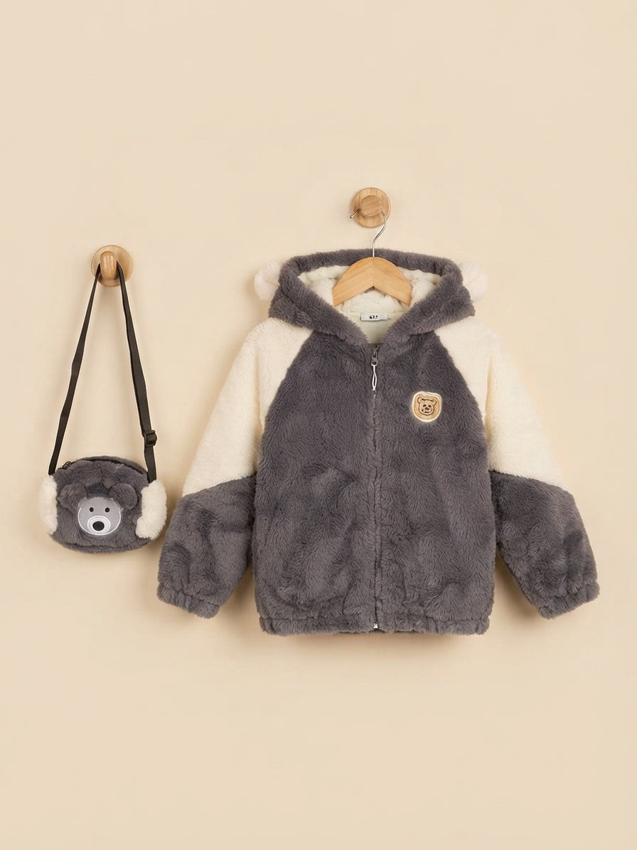 Kids Cute Bear Ear Hooded Faux Fur Jacket With Matching Crossbody Bag Set