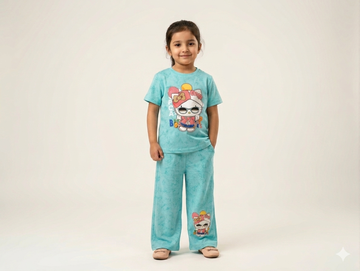Girls Graphic Print Tee and Wide Leg Trousers Set in Teal and Peach Colors