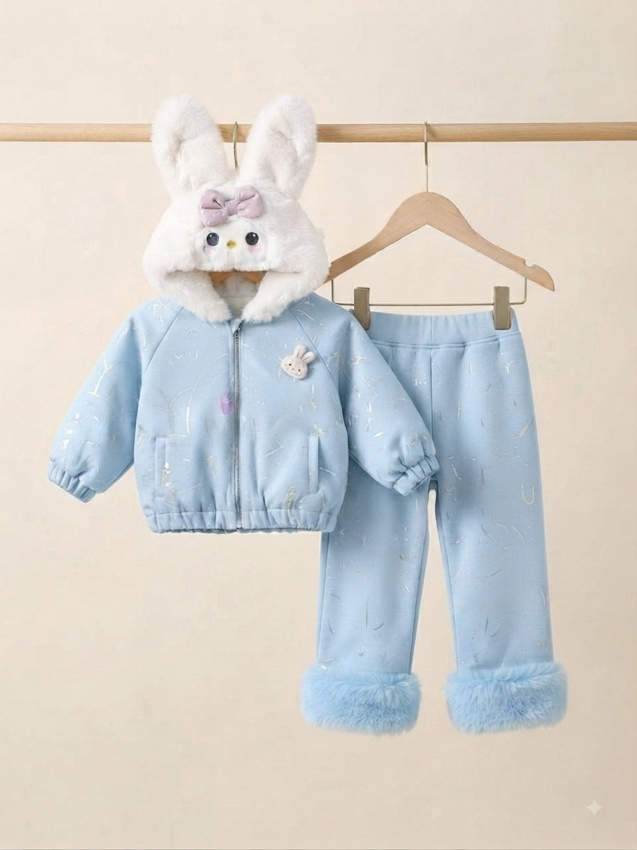 Toddler Girls Shimmering Winter Outfits With Furry Bunny Face Hoods And Faux Fur Cuffs