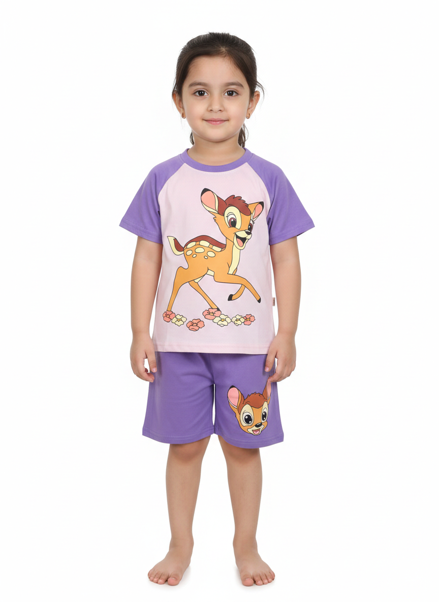 Toddler Girls' Purple Bambi Character Short Sleeve Pajama Set with Matching Comfort Elastic Shorts