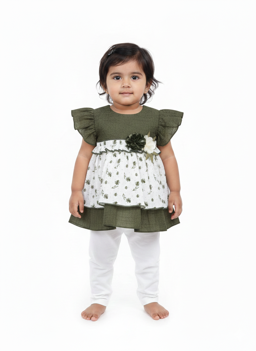 Toddler Girls' Elegant Olive Green and White Floral Tiered Frock with Flutter Sleeves Set