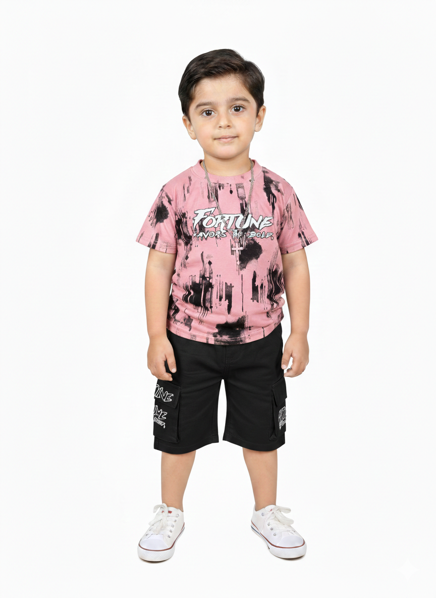 Premium Boys Fortune Graphic Print T-Shirt And Comfortable Cargo Shorts Stylish Two Piece Set 🩳