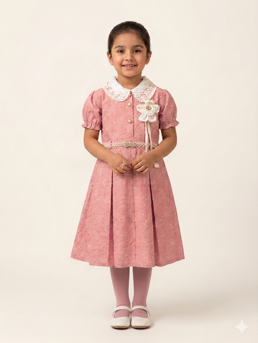 Elegant Girls Lace Collar Floral Pleated Party Dress with Pearl Belt and Floral Corsage