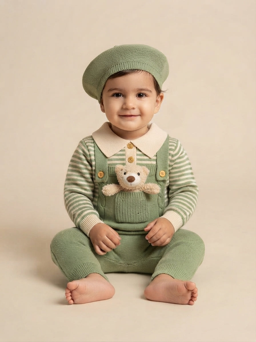 Baby Boy Stylish Knitted Striped Overalls Set With Matching Beret And Cute Teddy Pocket