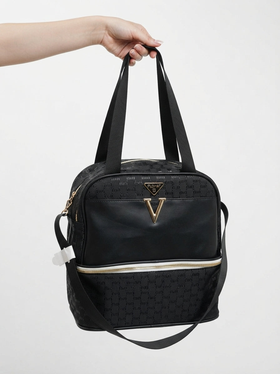 FLOHAT Premium Structured Handbag with Detachable Sling Strap Elegant V-Logo Design Black Skin