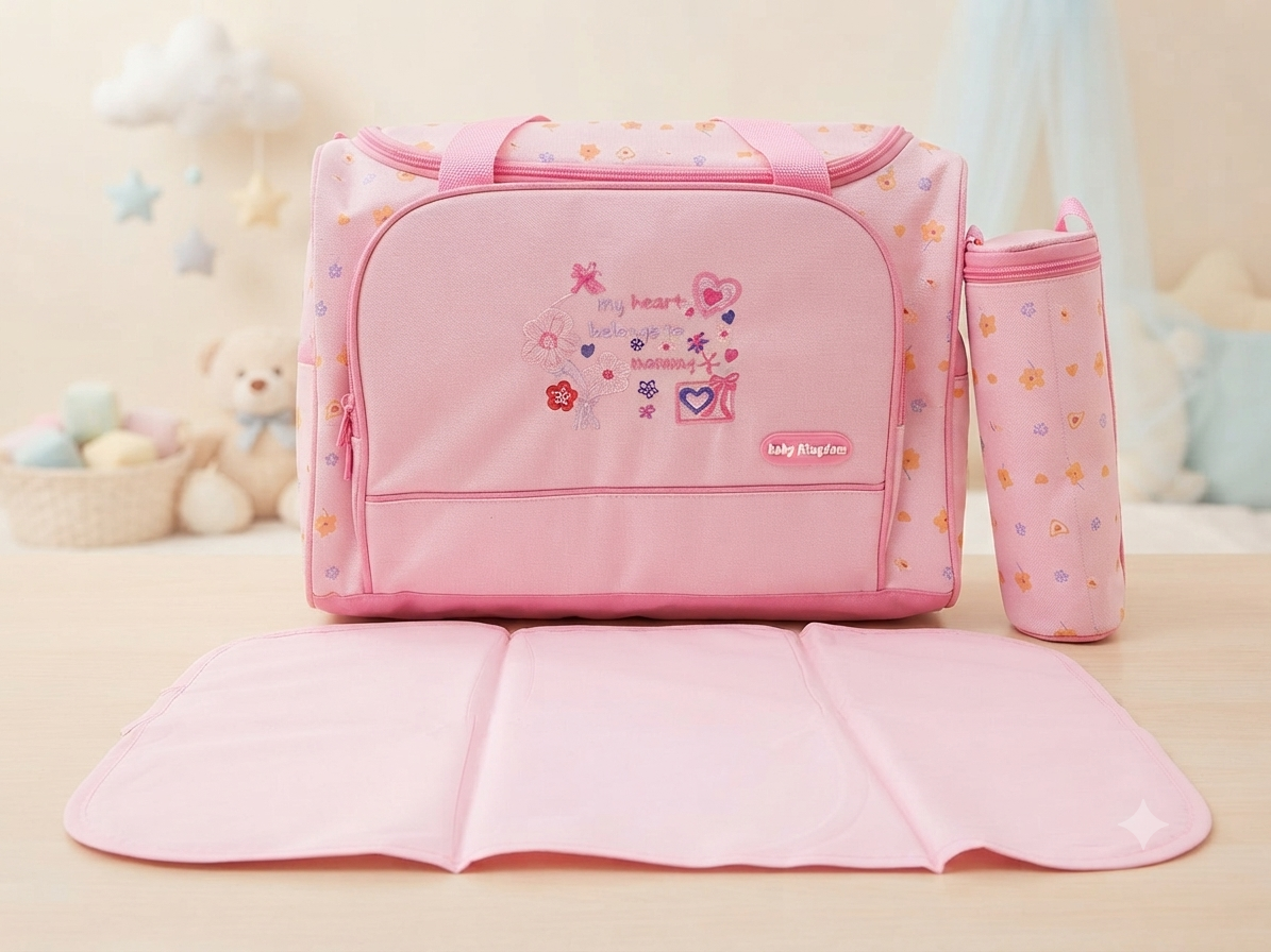 Adorable Pink Floral Baby Diaper Bag Set With Changing Mat For Little Baby Girls