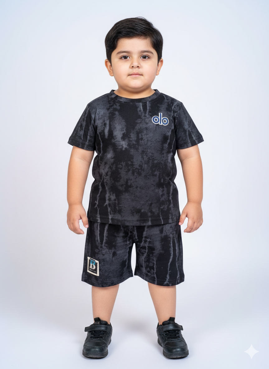 Boys Charcoal Black Tie Dye Summer Set Cotton Short Sleeve T-Shirt and Matching Cargo Shorts