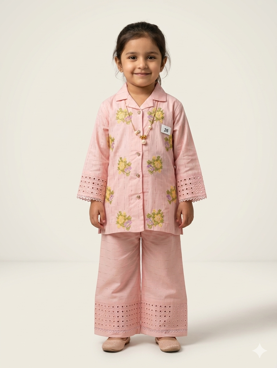 Little Girls Elegant Embroidered Cotton Lawn Two-Piece Floral Co-ord Set in Three Pastel Shades